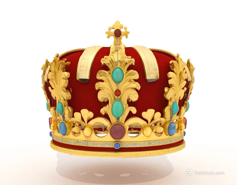Luxury Jeweled Crown Featuring Golden Decorative Elements Colored Gemstones And Red Velvet Base 3d model 