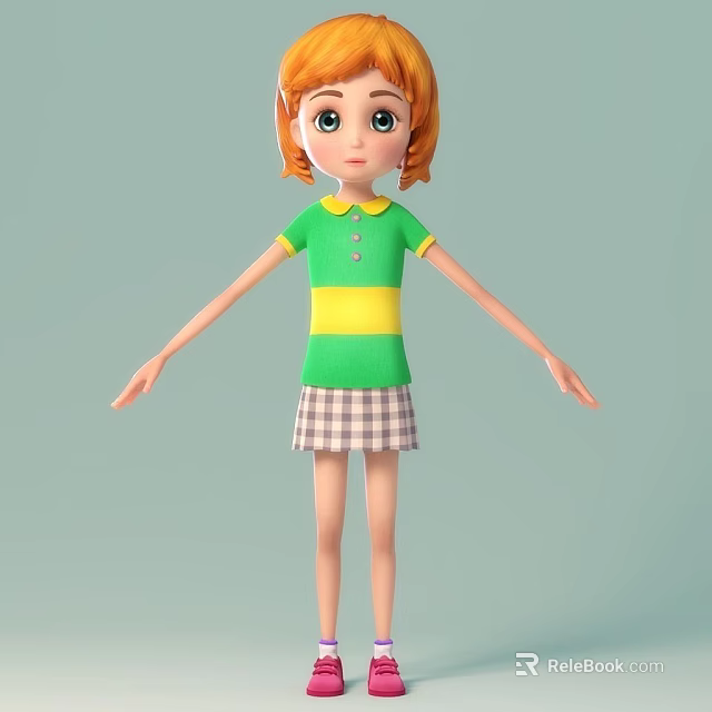 Animated Game Character Girl With Orange Hair Green Yellow Striped Shirt And Plaid Skirt 3d model 