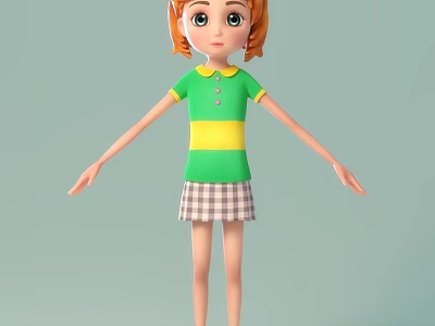Animated Game Character Girl With Orange Hair Green Yellow Striped Shirt And Plaid Skirt 3d model