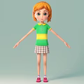 Animated Game Character Girl With Orange Hair Green Yellow Striped Shirt And Plaid Skirt