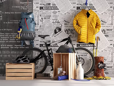 Window Display With Newspaper Wall Blue Backpack Yellow Jacket Bicycle And Wooden Crate 3d model