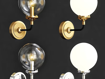 Modern Wall Lamps Design With Gold Base Transparent Glass And White Spherical Shades 3d model