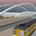 Yellow Commuter Train Moving Under Arched Station Roof Structure Design