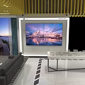 Modern Showroom Interior With White Tables TV Screens Sofa And Yellow Ceiling