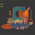 Vibrant Colorful Cartoon Scene With Geometric Shapes Chairs Plant And Lamps