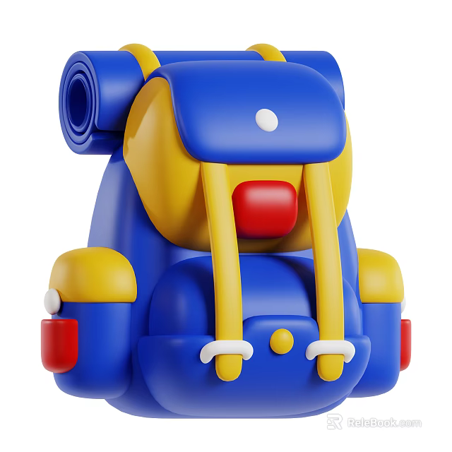 Cute Blue and Yellow Backpack with Red Accents Round Shape and Yellow Straps 3d model 