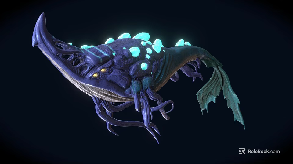 Fantasy Bioluminescent Creature with Purple Body Glowing Blue Spots and Tentacles in Dark Background 3d model 