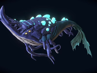 Fantasy Bioluminescent Creature with Purple Body Glowing Blue Spots and Tentacles in Dark Background 3d model