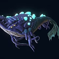 Fantasy Bioluminescent Creature with Purple Body Glowing Blue Spots and Tentacles in Dark Background