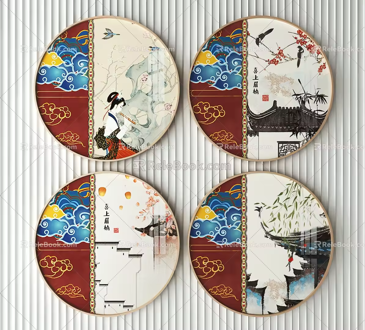 New Chinese Round Frame Painting Decorative Painting 3d model