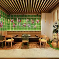 Elegant Restaurant Interior With Wooden Ceiling Hanging Lights Wall Decorations And Plants