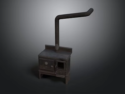 Vintage Cast Iron Stove With Long Chimney Pipe And Metal Construction 3d model
