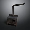 Vintage Cast Iron Stove With Long Chimney Pipe And Metal Construction