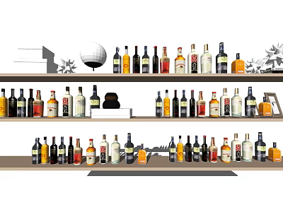 Stylish Wall Cabinets With Various Wine Bottles For Home Bar 3d model