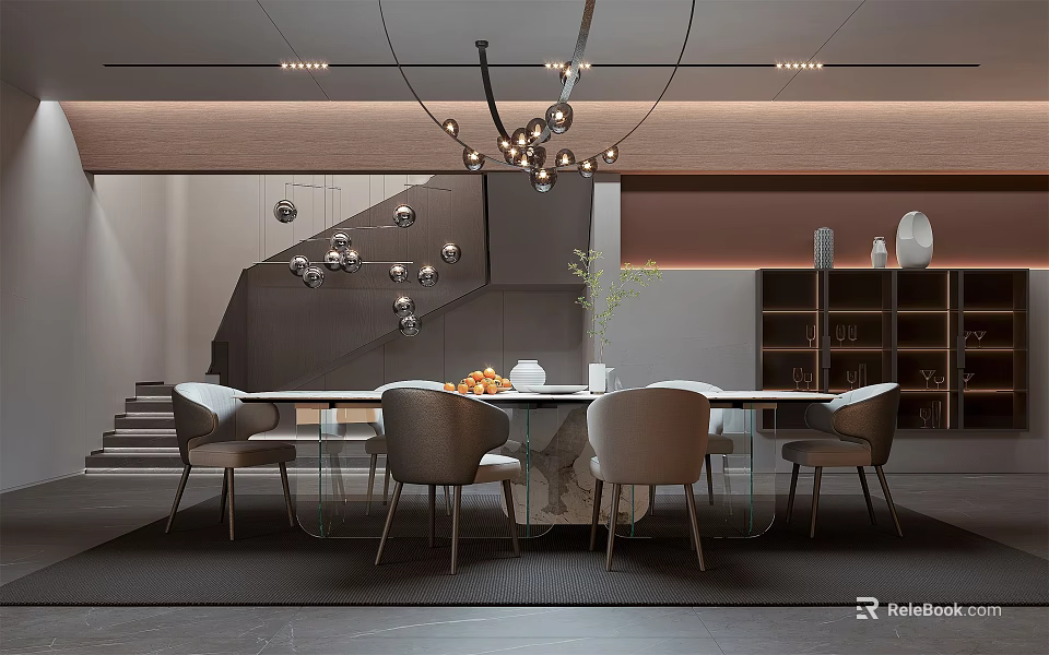 Modern Restaurant Interior With Long Dining Table Grey Chairs And Stylish Chandelier 3d model 