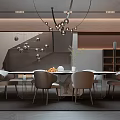 Modern Restaurant Interior With Long Dining Table Grey Chairs And Stylish Chandelier