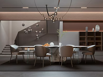 Modern Restaurant Interior With Long Dining Table Grey Chairs And Stylish Chandelier 3d model