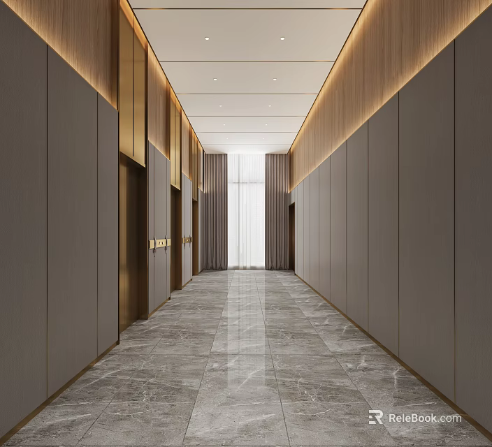 Modern Elevator Hallway With Marble Floor Wooden Wall Accents And Ceiling Lighting 3d model 