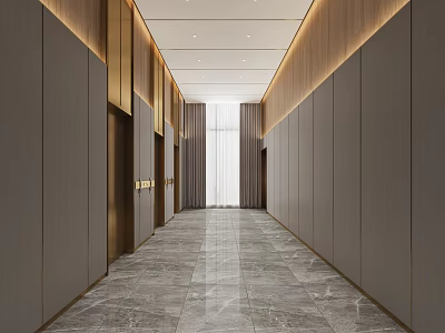 Modern Elevator Hallway With Marble Floor Wooden Wall Accents And Ceiling Lighting 3d model