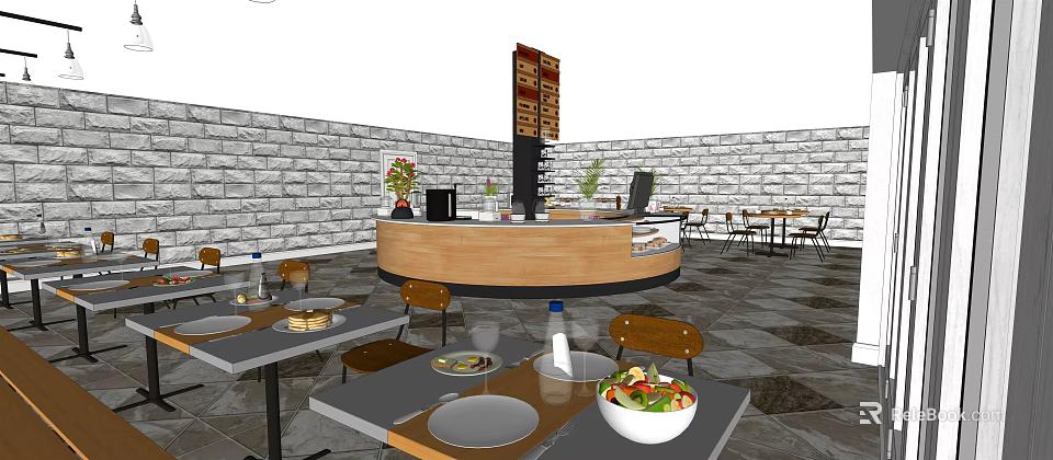 Casual Restaurant Interior Featuring Circular Counter Stone Wall Dining Tables And Fresh Salad 3d model