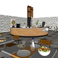Casual Restaurant Interior Featuring Circular Counter Stone Wall Dining Tables And Fresh Salad 3d model