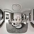 Elegant Modern Living and Dining Room Interior With Chandelier Sofa Dining Table And Decorative Wall