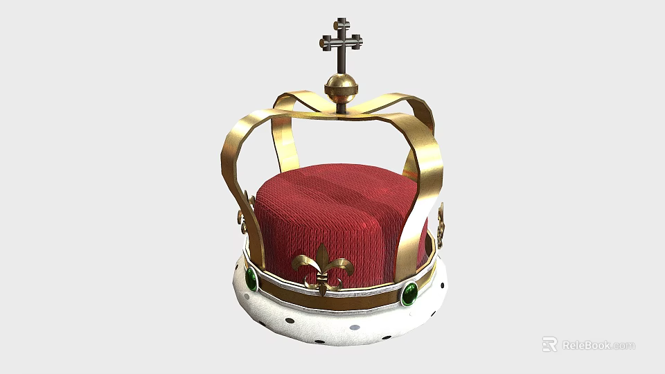 Elegant Royal Crown With Golden Frame Red Padded Top Cross And Green Gemstones 3d model 