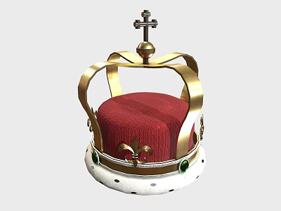 Elegant Royal Crown With Golden Frame Red Padded Top Cross And Green Gemstones 3d model