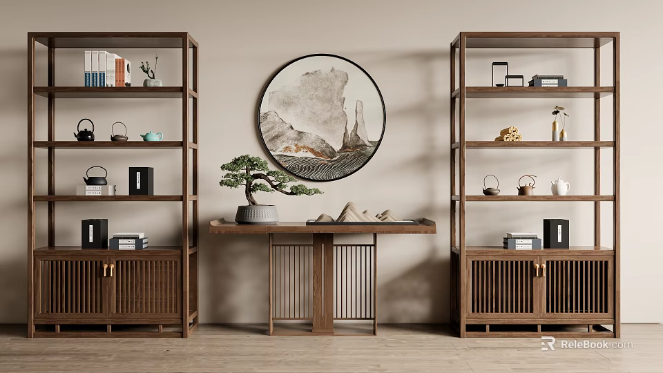 Traditional Chinese Wooden Display Shelf With Tea Sets Decorative Items And Bonsai Plant 3d model 