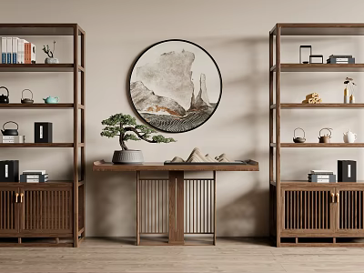 Traditional Chinese Wooden Display Shelf With Tea Sets Decorative Items And Bonsai Plant 3d model