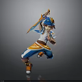 Cartoon Character In Blue White Orange Outfit With Cap Holding Weapon In Dynamic Jumping Pose