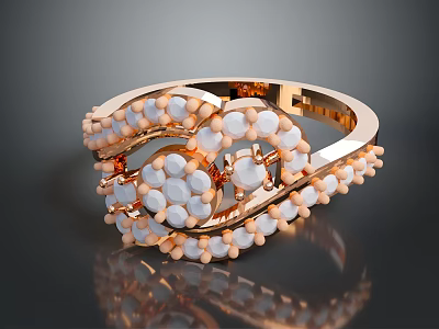 Rose Gold Ring With Intertwined Design And White Peach Stones 3d model
