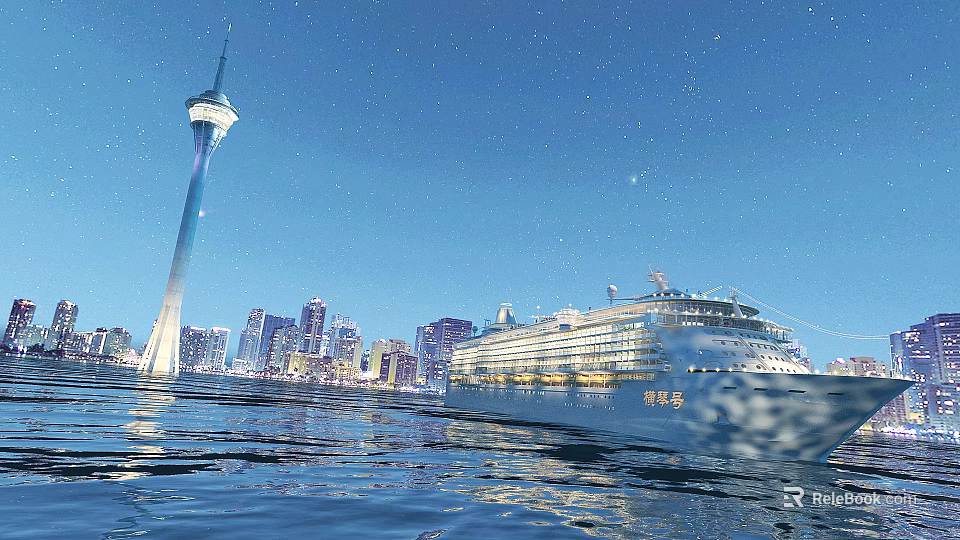 Luxury Cruise Ship Sailing Near Illuminated City Skyline With Tall Tower At Night 3d model 