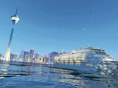Luxury Cruise Ship Sailing Near Illuminated City Skyline With Tall Tower At Night 3d model