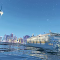 Luxury Cruise Ship Sailing Near Illuminated City Skyline With Tall Tower At Night