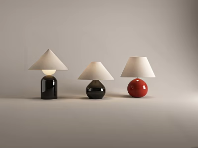 Three Modern Table Lamps With Black Red Bases And White Cone Shades 3d model