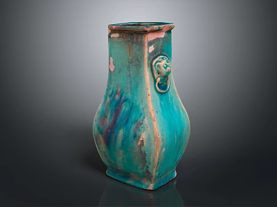 Turquoise Blue Ceramic Vase With Polygonal Shape Purple Brown Textures And Side Loop Handle 3d model