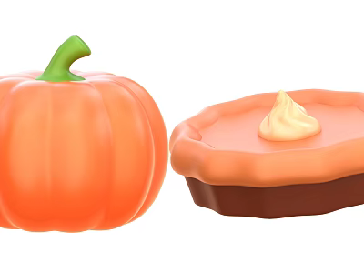 Fresh Orange Pumpkin With Green Stem And Yummy Pumpkin Pie With Whipped Cream 3d model