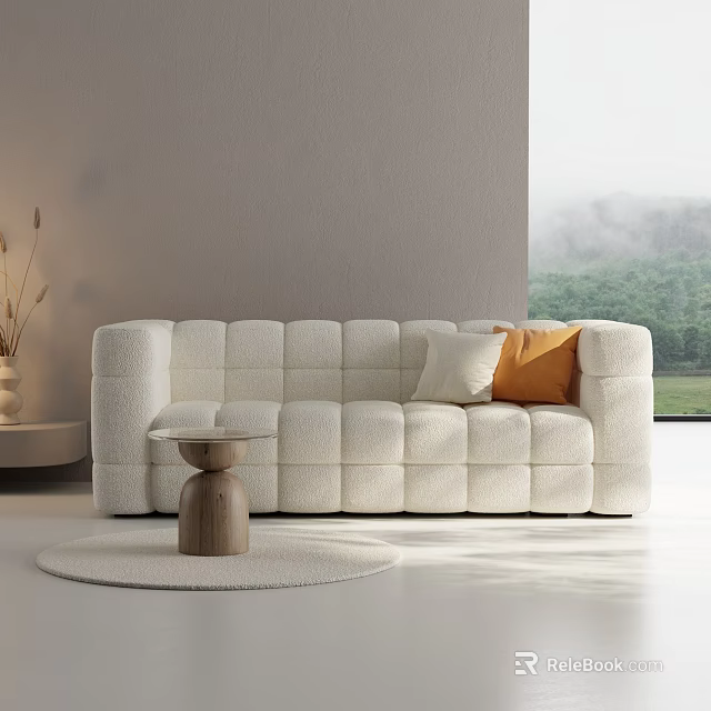 Plush White Two Seater Sofa With Quilted Design Orange Pillow Round Rug And Scenic View 3d model 