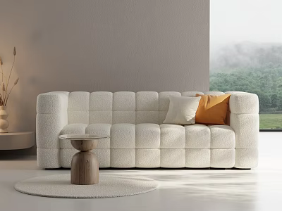 Plush White Two Seater Sofa With Quilted Design Orange Pillow Round Rug And Scenic View 3d model