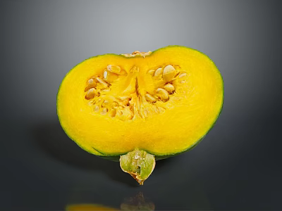 Fresh Sliced Pumpkin With Green Skin Showing Yellow Flesh And Seeds On Gray Surface 3d model