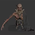 Emaciated Elderly Man With Mechanical Limbs Kneeling In Black Cloak Against White Background