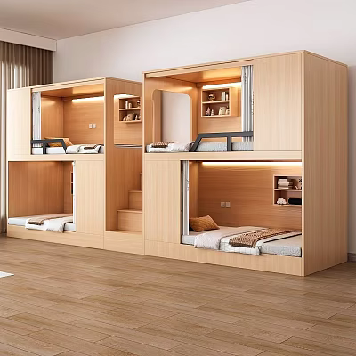 Modern Wooden Bunk Bed Interior With Stairs Storage Shelves And Mattresses 3d model