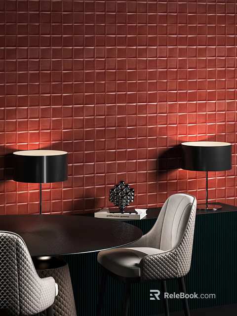 Modern Dark Table and Chair Set with Black Lamps Decorative Ornament Red Brick Wall 3d model 