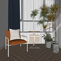 Stylish Orange Accent Chair With Metal Frame And Small Side Table Near Green Plants
