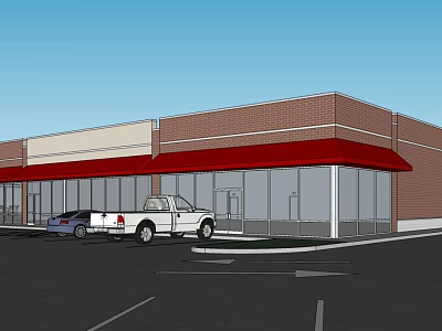 Commercial Brick Building Exterior With Red Awning Parking Lot And Parked Truck 3d model