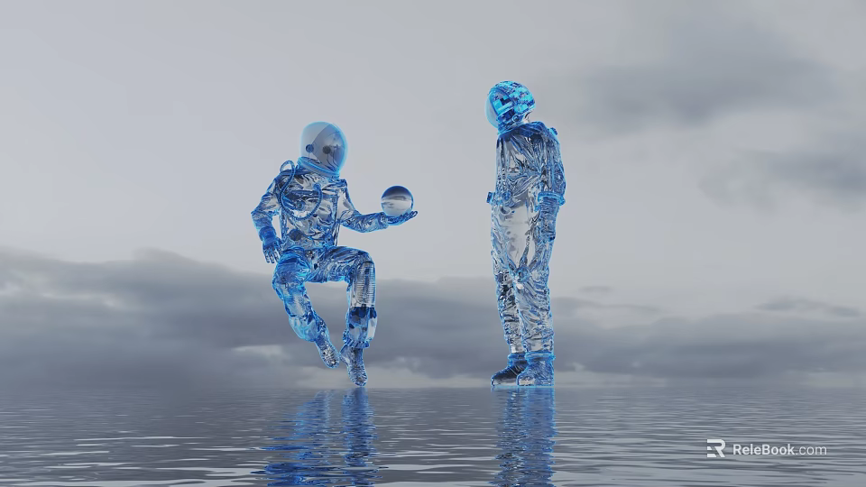 Transparent Humanoid Decorative Ornament Set With Water Reflection And Cloudy Sky Background 3d model 