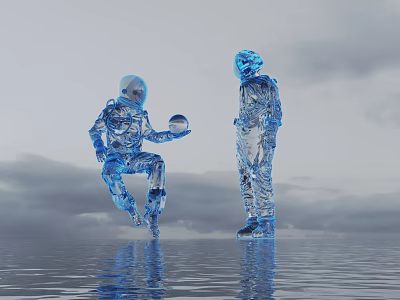 Transparent Humanoid Decorative Ornament Set With Water Reflection And Cloudy Sky Background 3d model