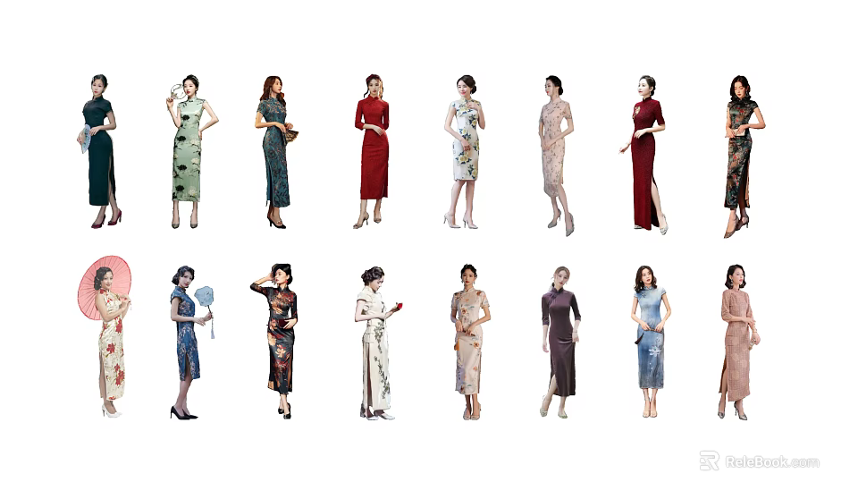 Group of Women Wearing Traditional Cheongsam With Various Colorful Styles 3d model 