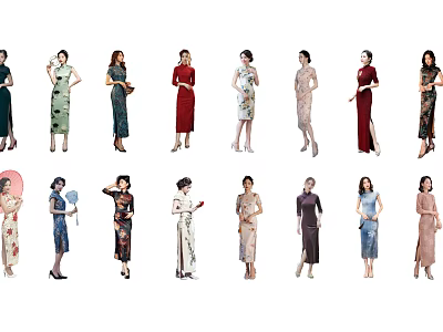 Group of Women Wearing Traditional Cheongsam With Various Colorful Styles 3d model